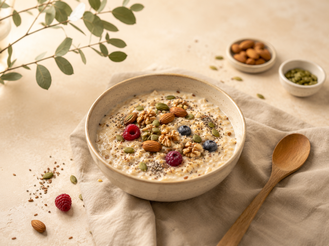 Healthy breakfast bowl with seeds oats nuts and natural ingredients